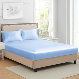 Lanest Housing Twin Extra Long Silk Satin Fitted Sheet, Soft Deep Pocket Single Bottom Bed Sheets Sold Separately, Wrinkle Free, Non- Fading, Breathable, Fully Elasticized(Twin XL Size, Light Blue)