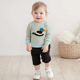 Toddler Baby Boy Girl Mallard Duck Sweater Knit Sweatshirt Duck Hunter Western Clothes Hunting Fall Winter Outfit (Green Stripe, 3-4 Years)