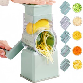 Rotary Cheese Grater with Handle,Replaceable Stainless Blades Cheese Shredder,Multi-Functional Cheese Vegetable Slicer with Storage Box,Easy to Clean Kitchen Gadgets with Storage Box (Green, 5 Blades)