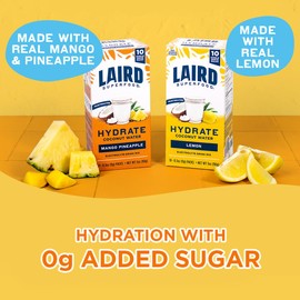 Laird Superfood Hydrate Coconut Water – Electrolyte Drink Mix - Lemon, 10 Single Serve Sticks – 0g Added Sugar – No Artificial Ingredients – On-the-go Hydration