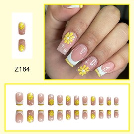 French Tip Press on Nails Medium Square Fake Nails Pink False Nails with Yellow Flower Design Glue on Nails Glossy Full Cover Stick on Nails Floral Acrylic Nails for Women Manicure 24Pcs
