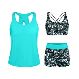 Tempt Me Aqua Blue Floral 3 Piece Tankini Swimsuits for Women Athletic Bathing Suits Swim Tank Top with Boy Shorts and Bra Modest Swimwear M