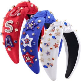 3 Pack Fourth of July Headbands for Women Girls Red White and Blue American Flag USA Hair Accessories Patriotic Knotted Crystal Rhinestone Hairband