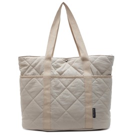 Makukke Puffer Tote Bag Aesthetic Quilted Bag Women's Shoulder Bag with Multiple Compartments Large Shopper Quilted Bag Shoulder Bags for Work Office Travel Shopping School, beige