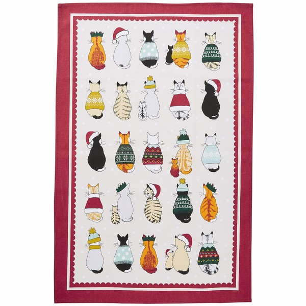 Ulster Weavers Kitchen Textiles - Christmas Cats in Waiting Recycled Cotton Tea Towel, Red (028CCAW)