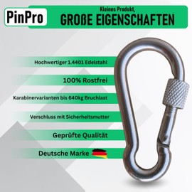 PinPro A4 Stainless Steel Screw Carabiner | Choice of Size and Number | 480 kg - 940 kg Breaking Load | Rustproof Niro AISI 316 Carabiner with Safety Nut