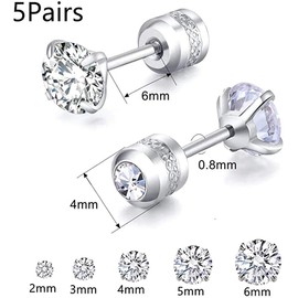 5 Pairs Stud Earrings Set,Hypoallergenic Earrings 316L Stainless Steel Double Round Cubic Zirconia Ear Ringing Jewelry for Women Men Boys & Girls 2-6mm Silver (Silver)