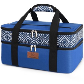 Genteen Casserole Carrier for Hot or Cold Food, Expandable Double Decker Insulated Food Carrier-Fits 9“x13” Baking Dish-Lasagna Holder Tote for Parties Potluck Picnic (Blue)