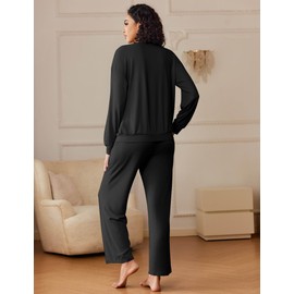 Ekouaer Pajama Sets for Women 2 Piece Lounge Sets Long Sleeve Sleepwear Top and Pants Cozy Pjs Loungewear with Pockets,Black,Large