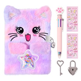ENYILEE Cat Diary for Girls with Lock and Keys,Tie-Dye Journal for Kids,Hardcover Fluffy Notebook for Writing and Drawing,4-12 Year Old Girl Birthday (A Star-Cat,Purple)