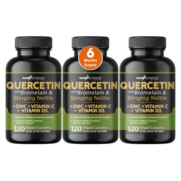 Quercetin with Vitamin C and Zinc - Nettle Quercetin - Quercetin 500mg - Quercetin with Bromelain - Zinc Quercetin + Vitamin D3 - 360 Veggie Caps - (Non-GMO, Gluten-Free, Vegan) 6 Month Supply