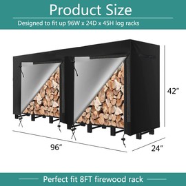 Sqodok Firewood Rack Cover 600D Waterproof Log Rack Cover 8FT Indoor Outdoor Wood Cover All Weather Protection Firewood Holder Cover Metal Lumber Carrier, Black