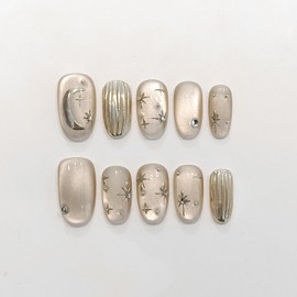 TENPAL Glossy Cat Eye Press on Nails Short Round Almond,Handmade Soft Gel Fake Nails with Stars Moon Designs,Removable Glitter Summer False Nails for Full Application Kit, Large Size