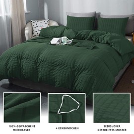 Boqingzhu Seersucker Bed Linen 155 x 220 cm Green Dark Green Summer Breathable Cooling Reversible Bed Linen Set Duvet Cover 155 x 220 cm and 2 Pillowcases 80 x 80 cm with Zip