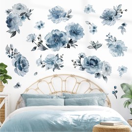 decalmile Large Blue Flower Wall Decals Watercolor Floral Blue Peony Wall Stickers Bedroom Living Room Sofa TV Background Wall Decor
