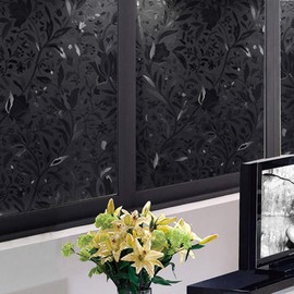 Total Blackout Window Film,100% Light Blocking Glass Door Film Etched Tulip,Room Darkening Window Cling,No Glue/Heat Control/Anti UV for Day Sleep & High Privacy,17.5In. by 78.7In.