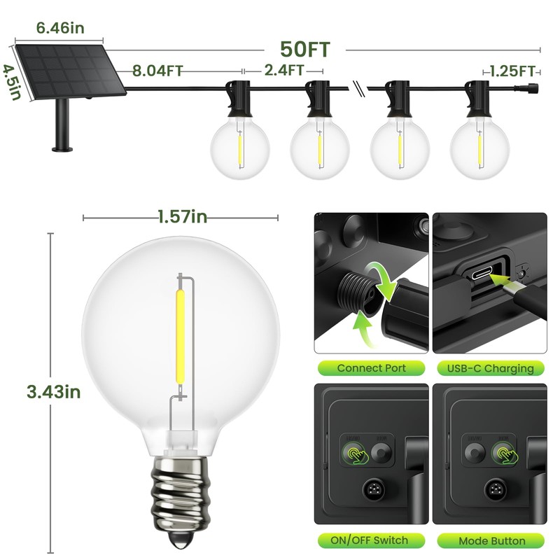 Svater Solar Outdoor String Lights 50 FT, G40 Patio Lights