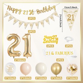 DJLLA 21st Birthday Decorations for Her, Sand White Gold Birthday Balloons, 21st Birthday Banner, 21st Birthday Balloons, Confetti Latex Balloons Cake Topper for Her 21st Birthday Party Decorations