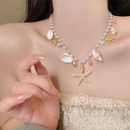 MLLISDGGET Unisex Seashell Accessories for Vacation, Adjustable Layered Beach Jewelry, Mermaid-inspired Conch and Starfish Pendant, Y2K Surfside Charm Chains,Tropical Kawaii Shell Necklace.