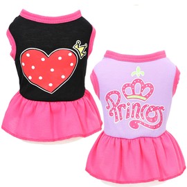 2 Pieces Dog Dress Cute Princess Love Pattern Spring Summer Pet Shirts Dresses Female Puppy Clothes for Small Dogs Girl Cats Outfits, Black, Purple, XXS