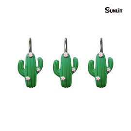 Sunlit Tropical Cactus Decorative Shower Curtain Hooks, Green Cactus Flowers Blossom Shower Curtain Rings, Resin, Summer Bathroom Decoration - 12 Pack
