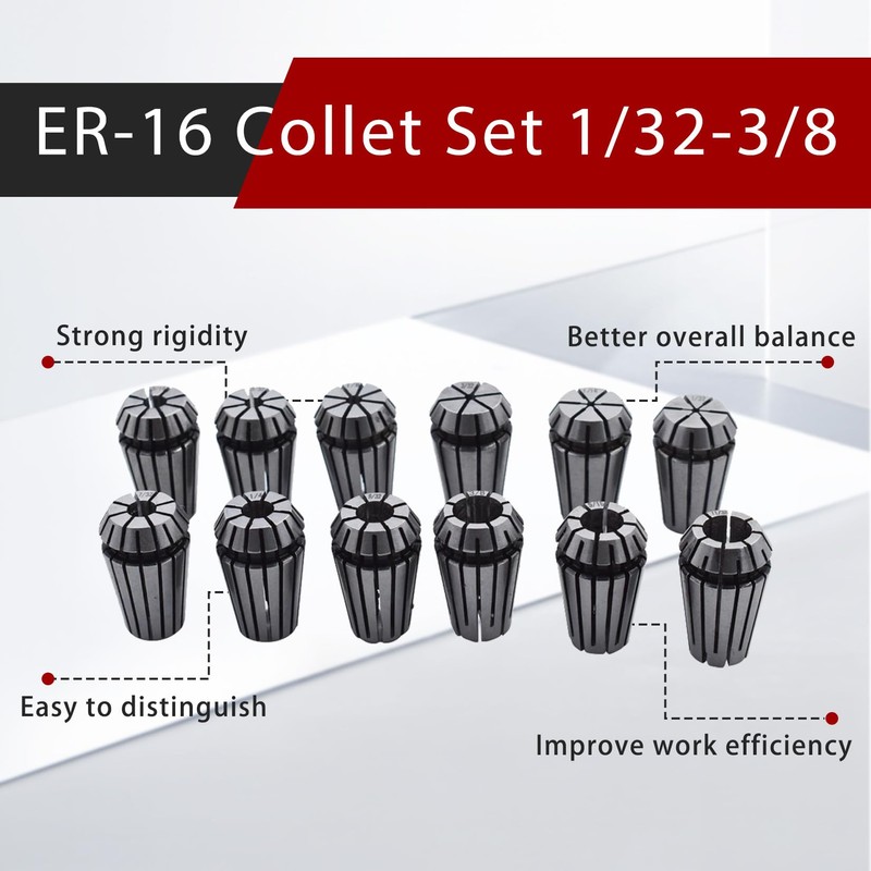 findmall ER-16 Collet Set 12PCS ER-16 Spring Collet Set 1/32-3/8