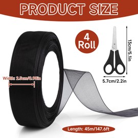 4 Rolls Organza Ribbon Black, 45 m x 25 mm Wide Black Ribbon with 1 Scissors, Transparent Organza Ribbons, Gift Ribbon Black for Bouquet, Gift Wrapping