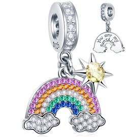 GLOWDAS Sparkling Rainbow, 4 Leaf Clover and Cross Pendant Charms Fit European Women Bracelet, 925 Sterling Silver Pave Cubic Zirconia Beads, Gifts for Christmas/Lover/Mother's Day, Sterling Silver