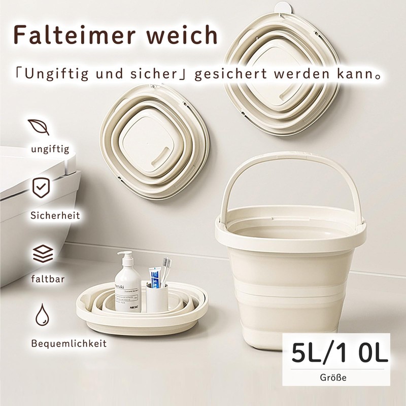 Foldable Bucket, 5L/10L, PP + TPR Material, White, Space-Saving, Foldable