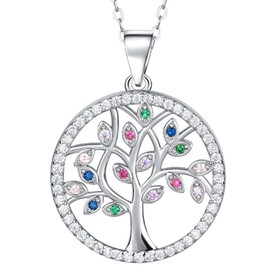 JUZICHEN 925 Sterling Silver Necklace for Women, Tree of Life Necklace for Women, Colour Cubic Zirconia Tree of Life Necklace, Hypoallergenic, for Women, Men (Blue Velvet Box), S925 silver, Cubic