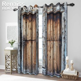 Renaiss Rustic Wood Door Curtains, Vintage Old Weathered Brown Wood Blackout Bedroom Window Curtains, Countryside Farmhouse Barn Door Curtains for Living Room, 84L x 42W Set of 2 Panels