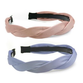 Pack of 2 Women's Fashion Headbands, Satin Braided Hair Band, Fabric Hair Bands with Tooth, 2.5 cm Non-Slip Headband Accessories, 2 Colours (Pink+Blue, One Size)
