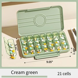 Weekly Pill Organizer 3/4 Times A Day, Large Capacity Pill Case with 21/28 Cells, Push Button 7 Day Pill Box for Vitamin/Cod Liver Oil/Supplements (Cream Green,21 Cells)