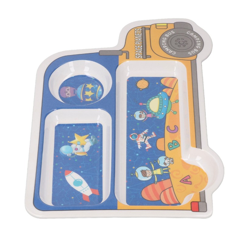 Kids Dinner Plate with Spoon Bamboo Fiber Divided Plates Cartoon