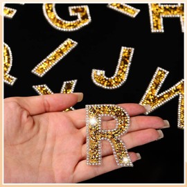 Yinder Glitter Resin Rhinestone Alphabet Letter Stickers Crystal Rhinestone Iron on Letter Self Adhesive A-Z Glitter Stickers for Art Clothing DIY Works(Gold, 26 Pieces)
