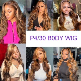 Fabimiya Body Wave Human Hair Wig - Highlight P4/30 Lace Frontal Closure - Pre Plucked, Pre Cut - Glueless Wigs with Elastic Band - 200% Density