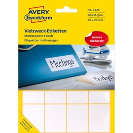 Avery Zweckform 3326 Haushaltsetiketten selbstklebend (38 x 29 mm, 384 Aufkleber auf 24 Bogen, Vielzweck-Etiketten für Haushalt, Schule und Büro zum Beschriften und Kennzeichnen) blanko, weiß