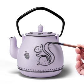 Toptier Teapot with Removable Infuser, Cast Iron Tea Kettle Stovetop Safe, Squirrel Design Tea Pot Coated with Enameled Interior for 32 Ounce (950 ml), Purple