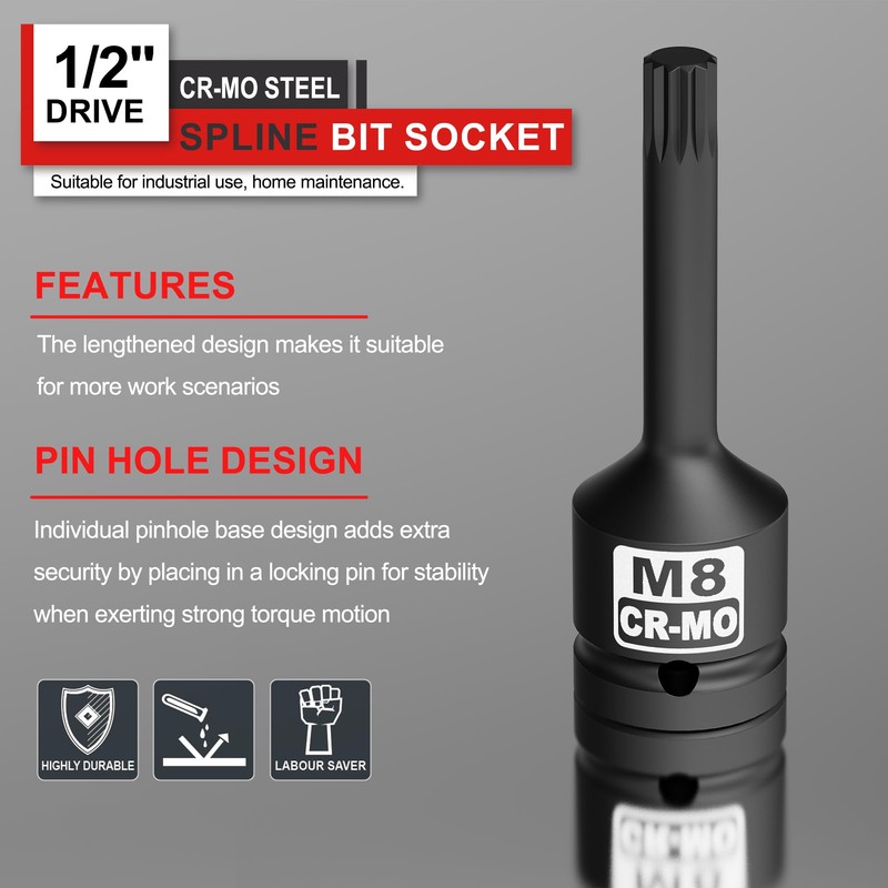 KIRXST Impact Triple Square Spline Bit Socket, 1/2" Drive M8