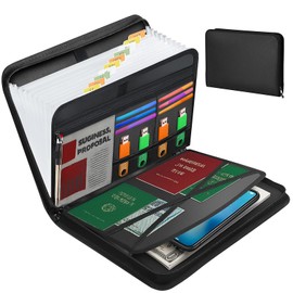 A4 Document Folder with 13 Compartments, Transparent Accordion, Fireproof, Zip, Labels, Black (36.5 x 26.5 x 4.8 cm)
