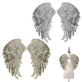 Juego de 2 pares de alas de lentejuelas, pegatinas adhesivas, parche de lentejuelas, alas de ángel grandes, parches de lentejuelas para ropa, chaquetas, pantalones vaqueros, vestido, falda