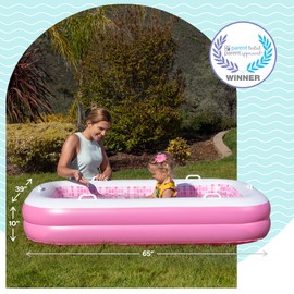 2-in-1 Inflatable Kiddie Pool, 65"x39"x10" (5'5") Soft Cushioned Floor, Handles, Drain, Shallow Rectangular Blowup Swimming Pool for Kids Age 2+ Toddler Ball Pit, Small Adult Backyard Tanning Pool