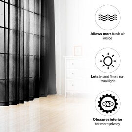 Neween Sheer Curtains Woven Voile Curtains, Net Curtain for Window Treatment Rod Pocket Curtain & Drapes for Living Room, Kitchen, Bedroom, Nursery Room, Set of 2 (Black, 132 x 240 cm)