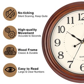 Vigorwise 12 Inch Wood Wall Clock, Retro Wooden Wall Clocks Battery Operated, Silent Wall Clock for Living Room Bedroom Housewarming Xmas New Year Present