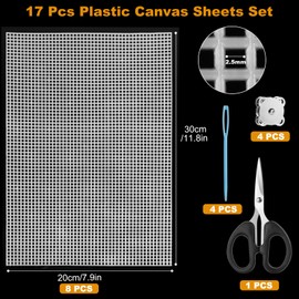 Realure 17 Pcs Cross Stitch Plastic Mesh Canvas Sheets with Scissor & Needles & Magnetic Buckle Set 20 * 30cm White Eye Mesh for Crafts DIY Embroidery Knit Crochet Projects
