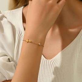 RATVIU Gold Bracelets for Women 18K Gold Plated Cross Bracelets Dainty Birthstone Bracelets Simple Birthday Faith Confirmation Jewelry Gifts