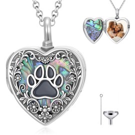 MEIDERBO Pet Urn Locket Necklace for Ashes and Pictures 925 Sterling Silver Paw Prints Heart Locket Ashes Necklace with Abalone Shell Cremation Memorial Keepsake Jewelry for Dog Cat
