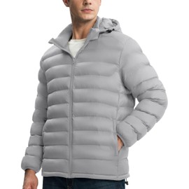 Gopune Men's Lightweight Puffer Jacket Detachable Hooded Water Resistant Puffy Winter Down Jackets for Snow Ski Travel,Light Grey 2XL