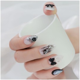 GALSPRO Short Press on Nails - Set of 24 Fake Nails with Designs in 12 Different Sizes for Perfect Fit, Cute False Nails Kit for Women with 0.07oz Nail Glue (HARMONY NOIR ALMOND SHAPE, Short)