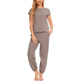 GYS Bamboo-Derived Viscose Lounge Sets for Women 2 Piece Outfits Loungewear Comfy Short Sleeve Jogger Pajama Set, Grey, Small
